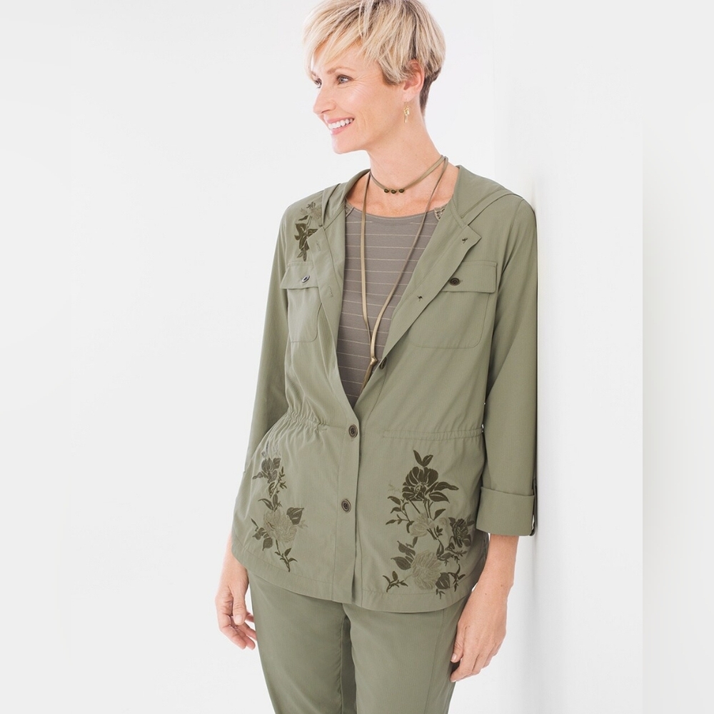 Chico's Zenergy Green Neema Embroidered Floral Utility Jacket Women's Size 2 - L